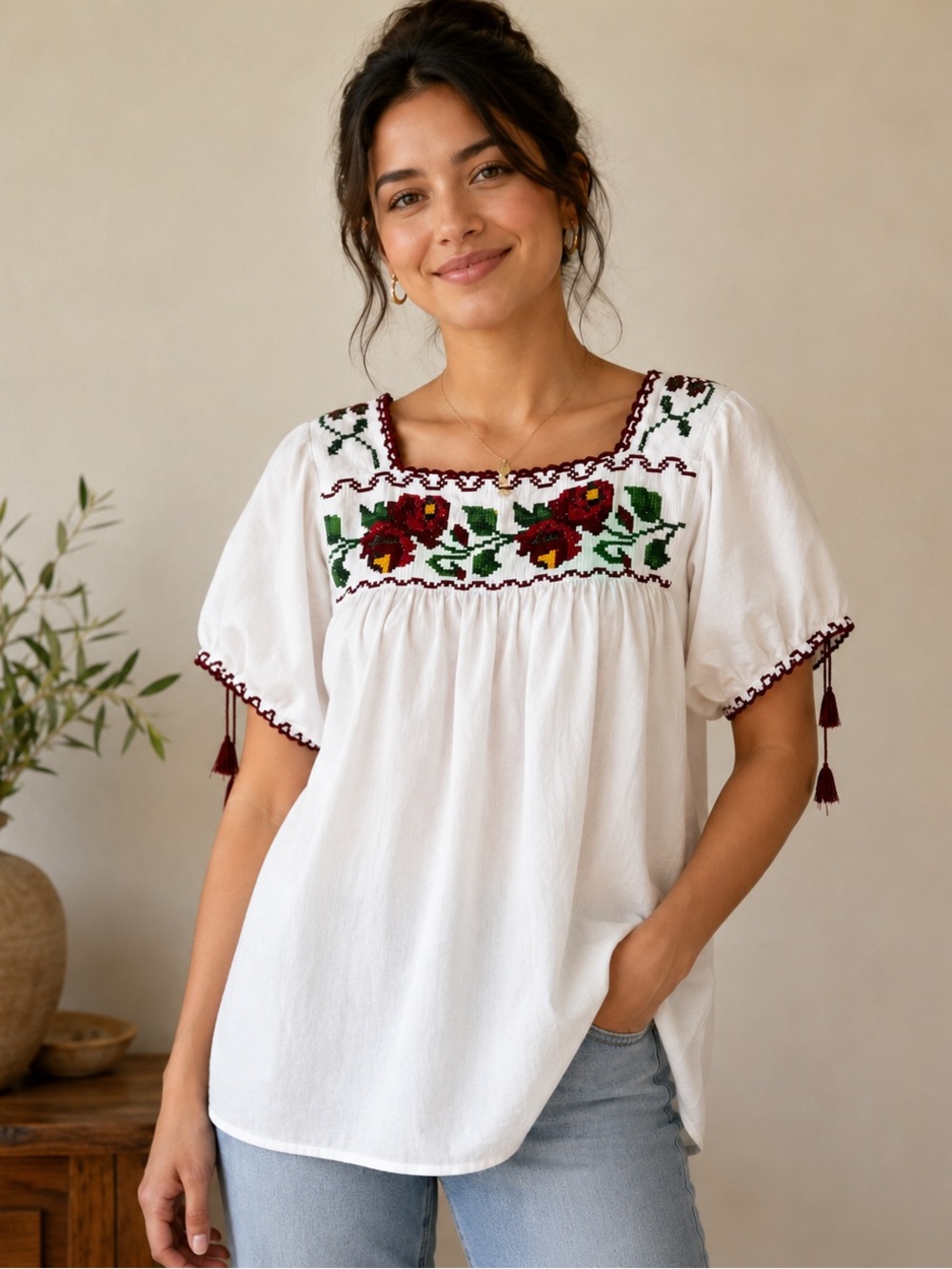 Handmade Embroidered Floral Peasant Tunic Blouse Size S/M Boho Folk Granola